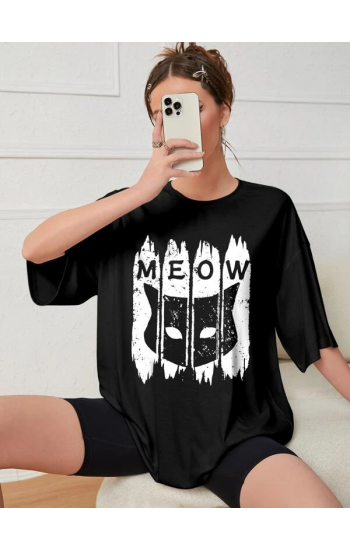 Meow Baskılı Beyaz Kadın T-shirt Siyah…