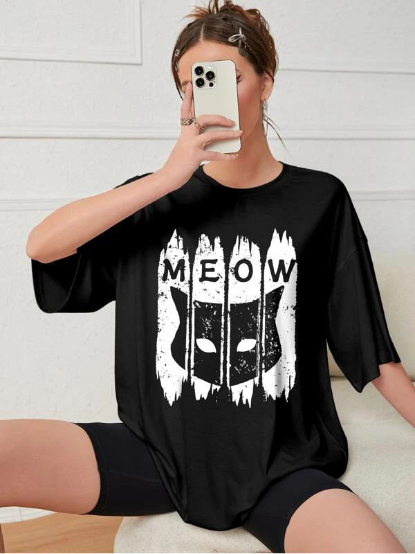 Meow Baskılı Beyaz Kadın T-shirt Siyah…