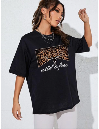 Leopar Baskılı Beyaz Kadın T-shirt Siyah