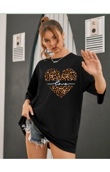 Leopar ve Love Baskılı Kadın T-shirt Siyah…