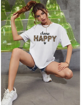 Leopar Happy Baskılı Kadın T-shirt Beyaz