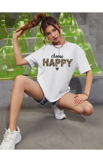 Leopar Happy Baskılı Kadın T-shirt Beyaz…