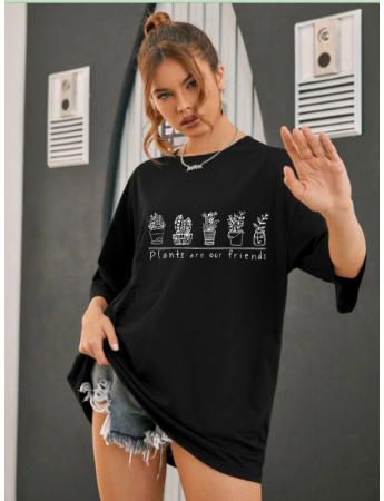 Plants Baskılı Kadın T-shirt Siyah