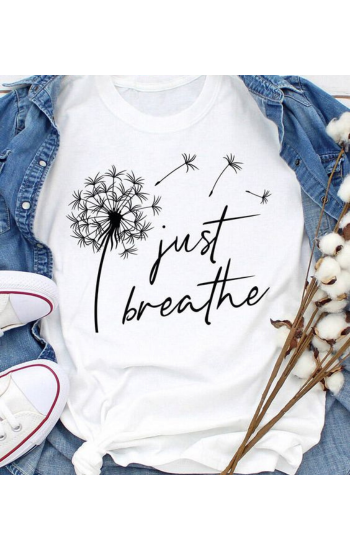 Just Breathe Baskılı Beyaz Basic Kadın Tshirt…