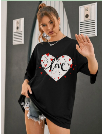 Love ve Kalp Baskılı Kadın Siyah Tshirt Tişört