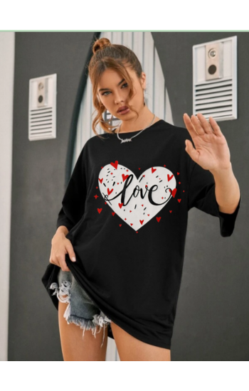 Love ve Kalp Baskılı Kadın Siyah Tshirt Tişört…