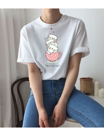 Kediler ve Best Friend Baskılı Bisiklet Yaka Kadın Beyaz Oversize Tshirt Tişört