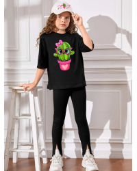 Sevimli Kaktüs Baskılı Kız Çocuk Tişört-T-shirt ve Şapka Takım