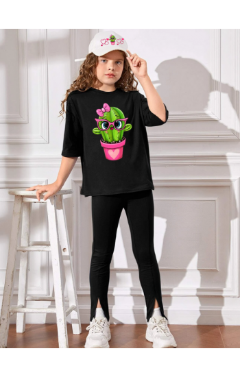 Sevimli Kaktüs Baskılı Kız Çocuk Tişört-T-shirt ve Şapka Takım…