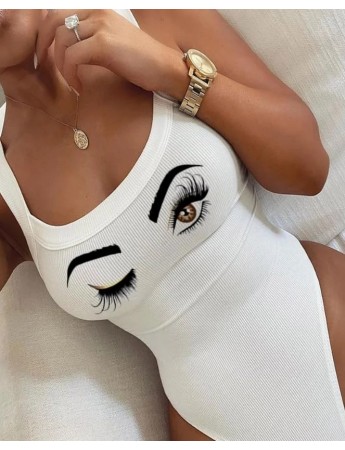 Kadın Kolsuz Göz Baskılı Kaşkorse Bodysuit Beyaz