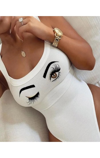 Kadın Kolsuz Göz Baskılı Kaşkorse Bodysuit Beyaz…