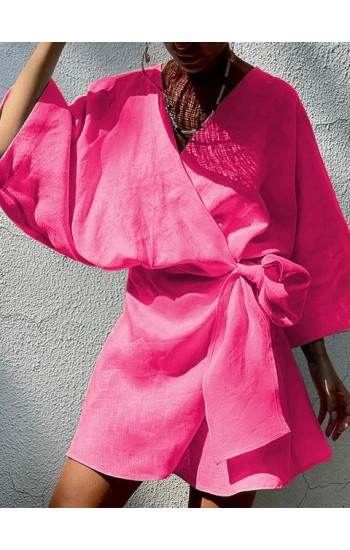 Kadın Fakir Kol Fiyonk Fetay Keten Kumaş Mini Kimono Elbise Pembe…