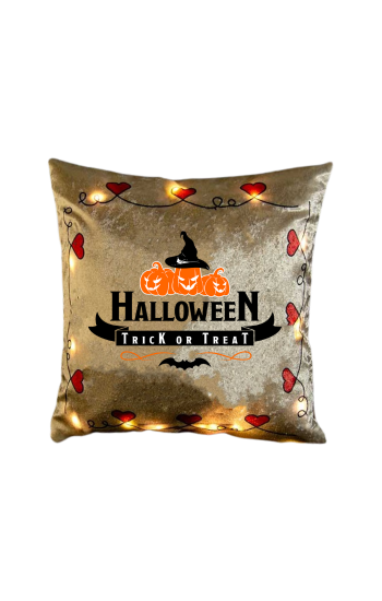 Led Işıklı Kişiye Özel Kadife Krem-Beyaz Halloween  Kırlent-Yastık …