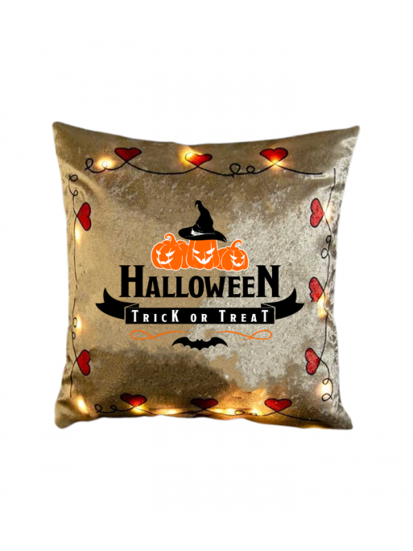 Led Işıklı Kişiye Özel Kadife Krem-Beyaz Halloween  Kırlent…