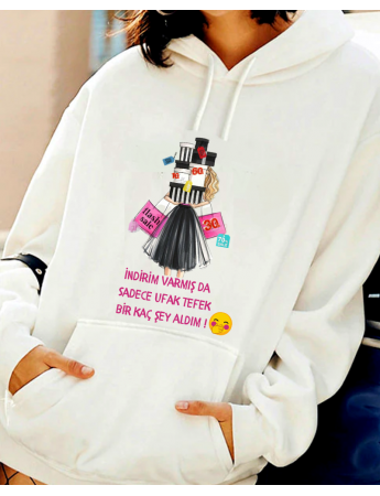 Esprili Resimli Yazı Baskılı Kadın Sweatshirt