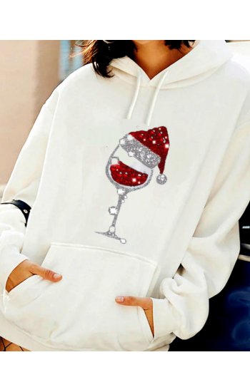 Kadeh ve Noel Şapka Baskılı Kadın Sweatshirt…