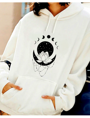 Lotus Çiçeği ve Ay Baskılı Kadın Sweatshirt