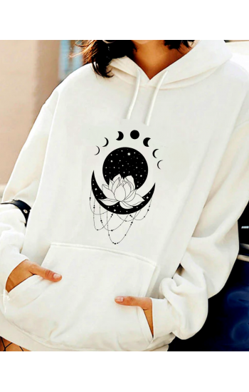 Lotus Çiçeği ve Ay Baskılı Kadın Sweatshirt…