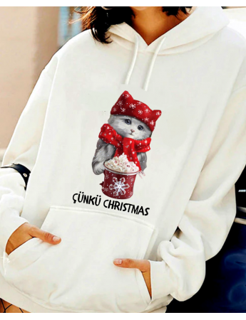 Christmas Sevimli Kedi Baskılı Kadın Sweatshirt