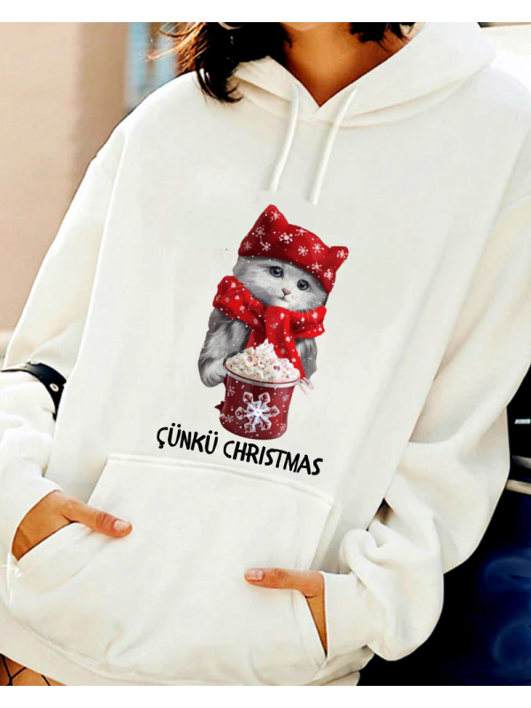 Christmas Sevimli Kedi Baskılı Kadın Sweatshirt…