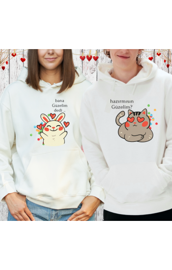 Sevgili Kombini Romantik Sevimli Kedili Kişiye Özel Baskılı Sweatshirt…