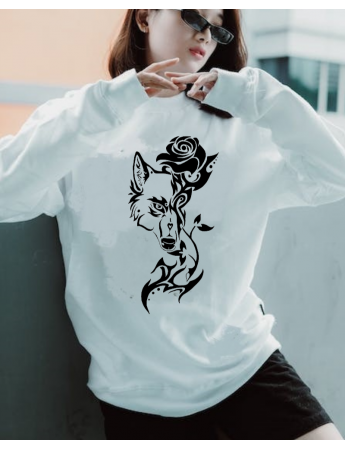 Gül Baskılı Kadın Sweatshirt Beyaz