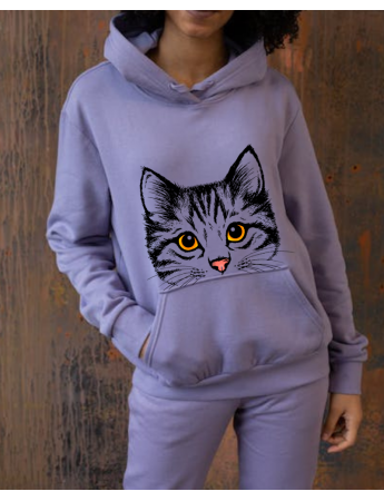 Kedi Baskılı Kadın Sweatshirt Lila