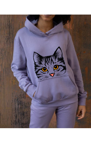 Kedi Baskılı Kadın Sweatshirt Lila…