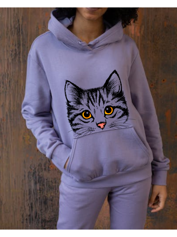 Kedi Baskılı Kadın Sweatshirt Lila…