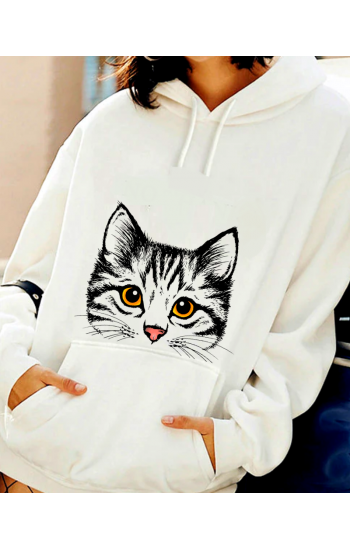 Kedi Baskılı Kadın Sweatshirt Beyaz…