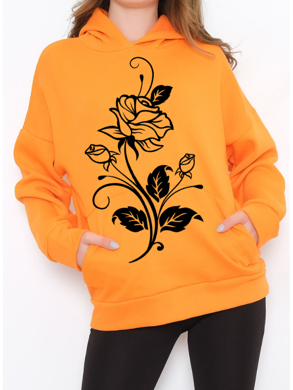 Gül Baskılı Kadın Sweatshirt Turuncu…