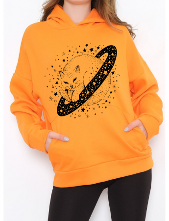 Galaxy Kedi Baskılı Kadın Sweatshirt Hardal