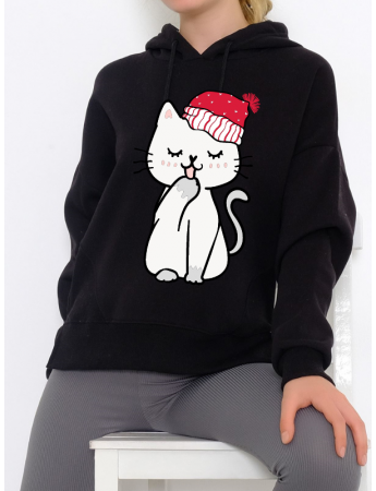 Uykucu Kedi Baskılı Kadın Sweatshirt Siyah