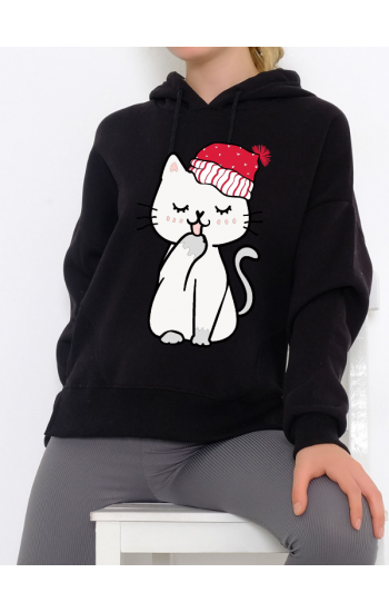 Uykucu Kedi Baskılı Kadın Sweatshirt Siyah…