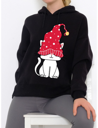 Uykucu Kedi Baskılı Kadın Sweatshirt Siyah 01