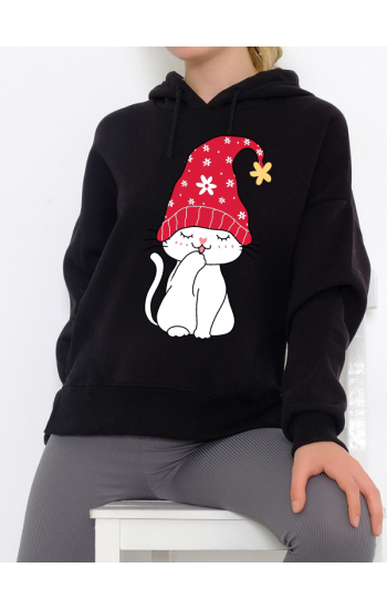 Uykucu Kedi Baskılı Kadın Sweatshirt Siyah 02…