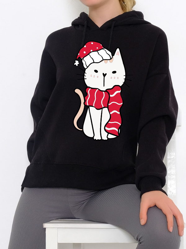 Uykucu Kedi Baskılı Kadın Sweatshirt Siyah 03…