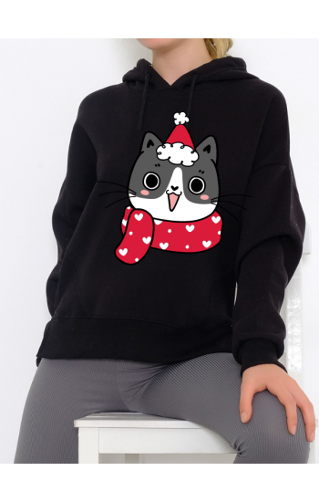 Uykucu Kedi Baskılı Kadın Sweatshirt Siyah 04…