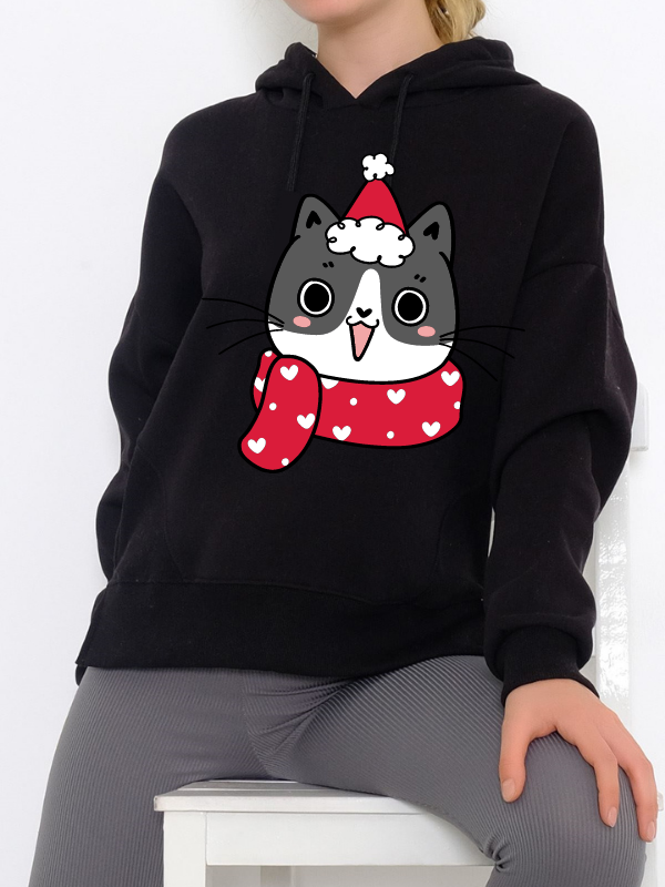 Uykucu Kedi Baskılı Kadın Sweatshirt Siyah 04…