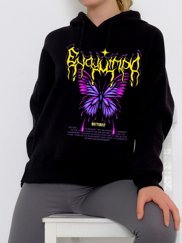 Butterfly Baskılı Kadın Sweatshirt Siyah…