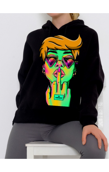 Gözlük Baskılı Kadın Sweatshirt Siyah…