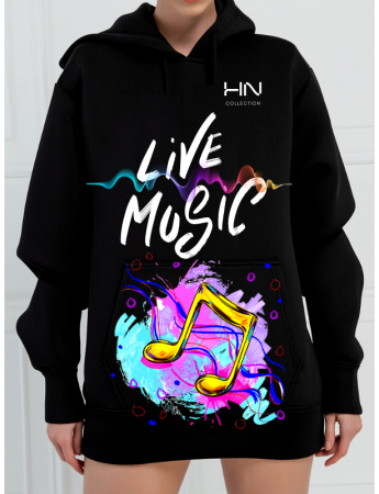 Live Music 3 İplik Baskılı Kadın Sweatshirt Siyah