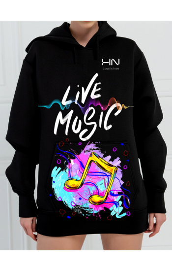 Live Music 3 İplik Baskılı Kadın Sweatshirt Siyah…