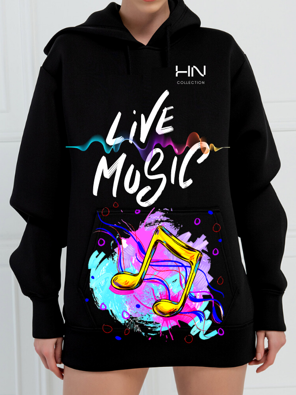 Live Music 3 İplik Baskılı Kadın Sweatshirt Siyah…