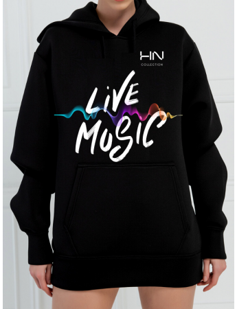 Live Music 3 İplik Baskılı Kadın Sweatshirt Siyah 01