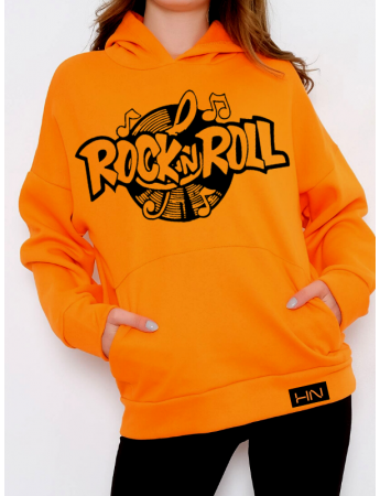 Rock N Roll Baskılı Kadın Sweatshirt Turuncu