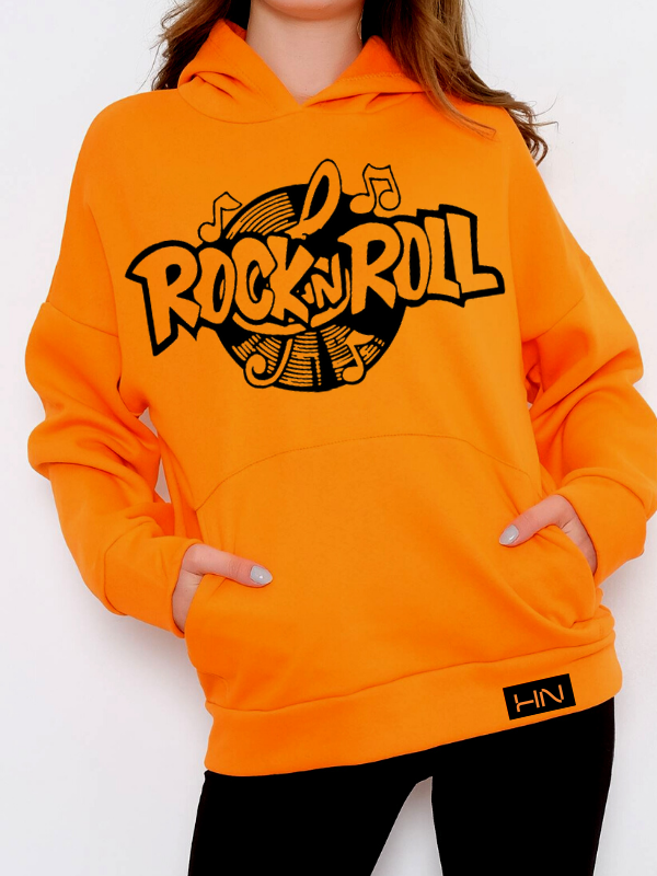 Rock N Roll Baskılı Kadın Sweatshirt Turuncu…