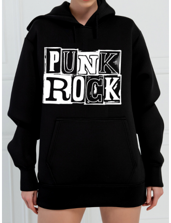 Punk Rock Baskılı 3 İplik Kadın Sweatshirt Siyah