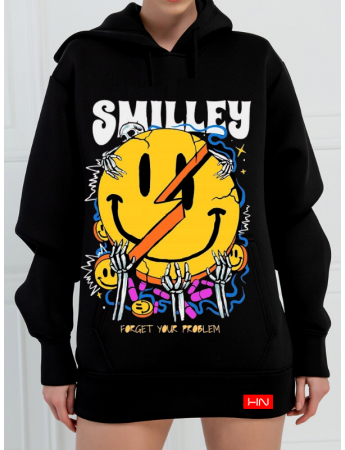 Smilley Baskılı 3 İplik Kadın Sweatshirt Siyah