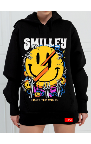 Smilley Baskılı 3 İplik Kadın Sweatshirt Siyah…